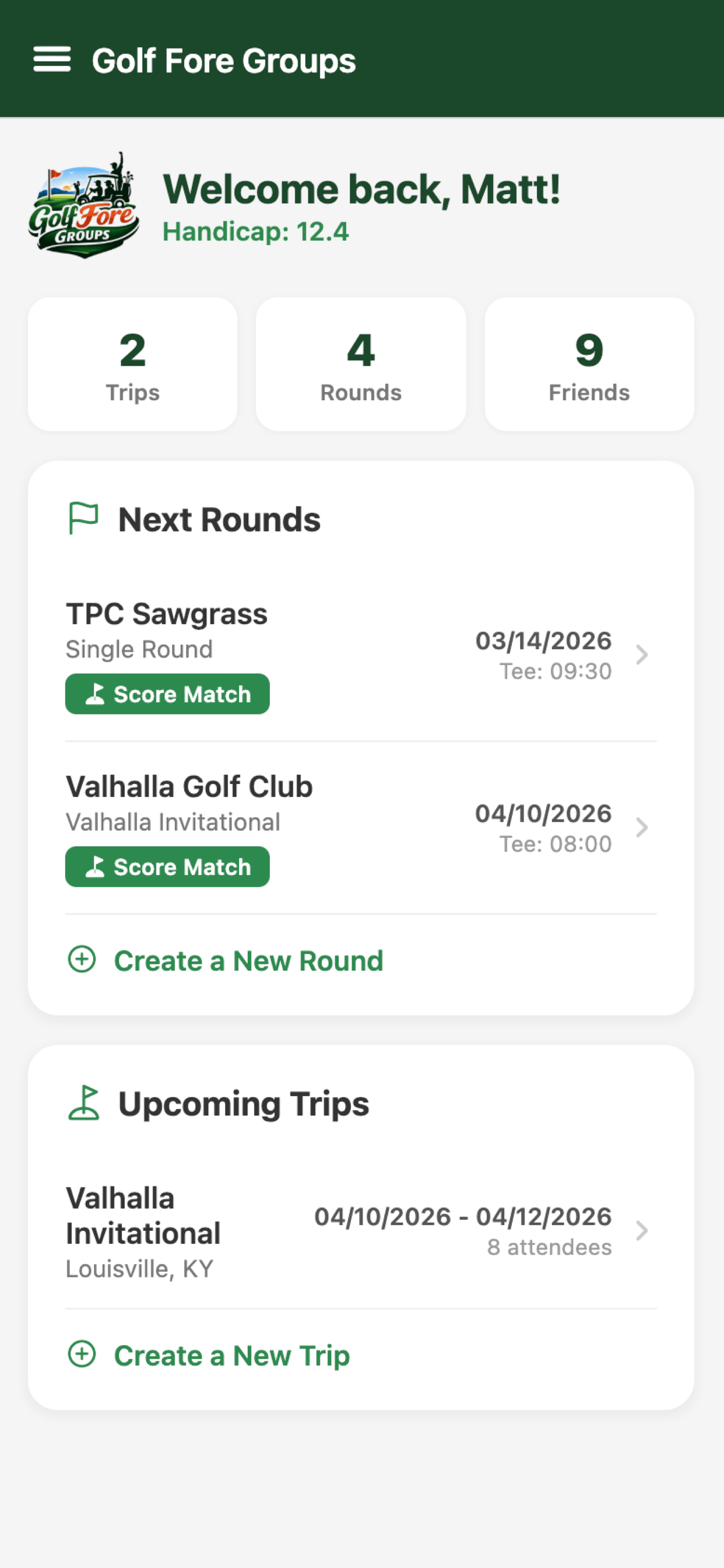 Golf Fore Groups app screenshot